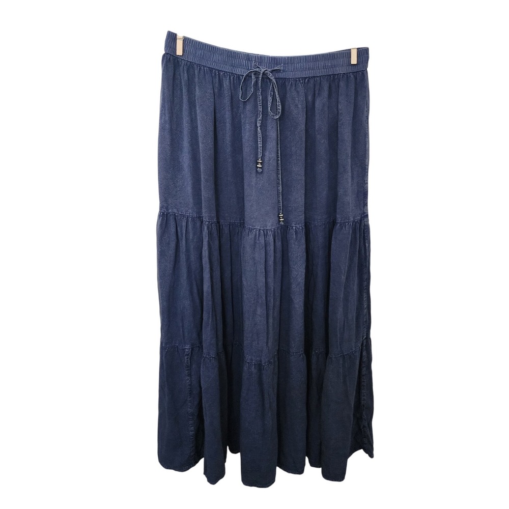 Mlle Gabrielle Blue Tiered Maxi Skirt Small Boho Chambray Drawstring Beaded‎